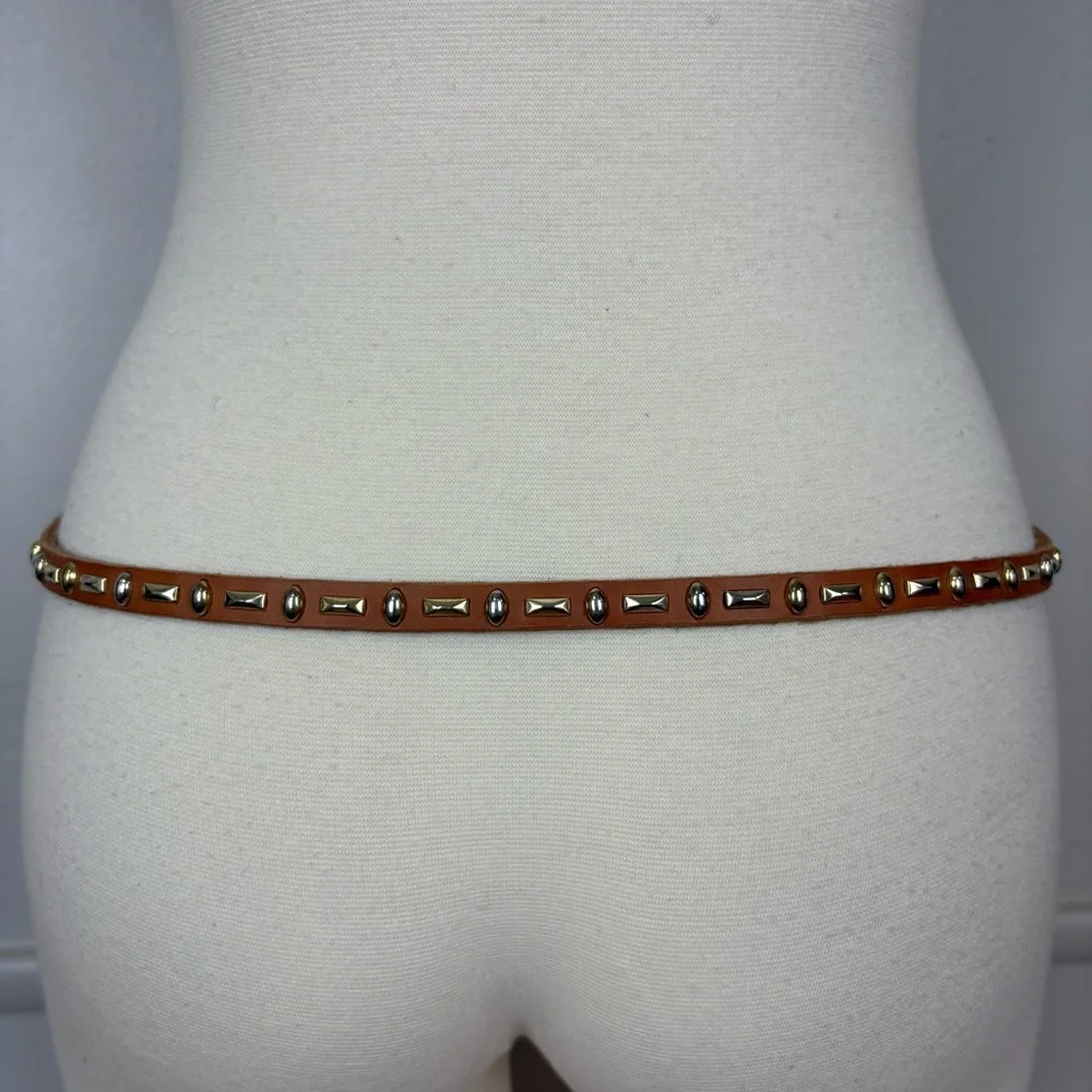 Light Brown Tan Leather Belt Goldtone‎ Silvertone Studded Skinny Belt Bohemian